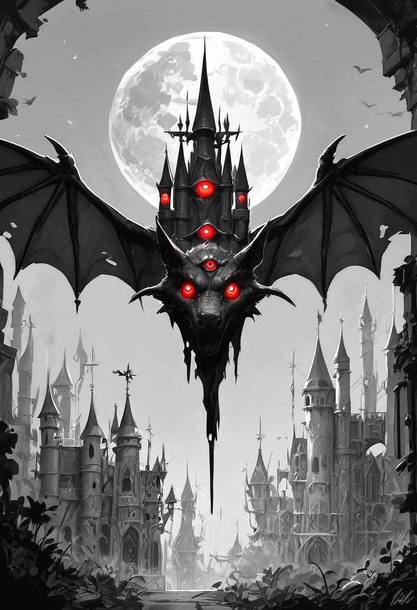 score_9, score_8_up, score_7_up, illustration, monochrome, inside castle, flying bat, threeeyed bat, red glowing eyes, moon, moonlight, nighttime, no humans
