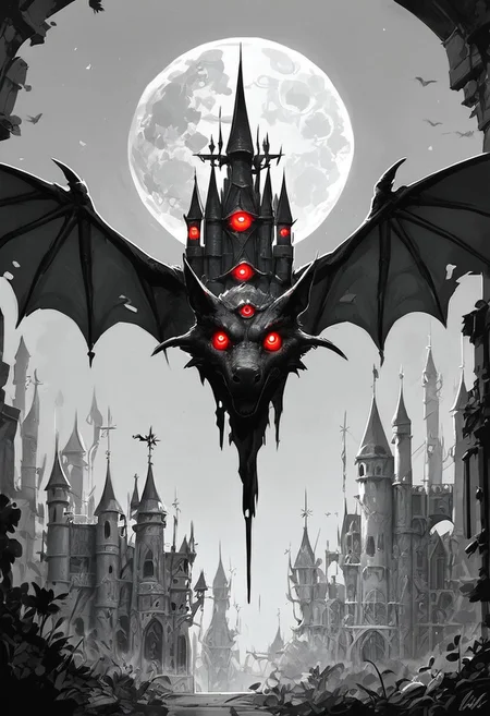 score_9, score_8_up, score_7_up, illustration, monochrome, inside castle, flying bat, threeeyed bat, red glowing eyes, moon, moonlight, nighttime, no humans