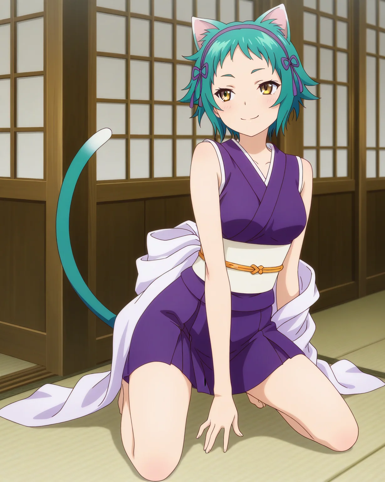 (purple sleeveless kimono obi sash hairband:1.50),
ys-yaya, green hair, short hair, yellow eyes,
1girl, (solo:1.60), skinny,
(masterpiece, best quality, amazing quality, absurdres, high quality, highres, masterpiece),
happy,
full body
,
(:1.40),
BREAK,
school,
,
(anime coloring),
medium breasts,
cat ears, cat tail
<lora:ys-yaya-V01-illXL:0.80>