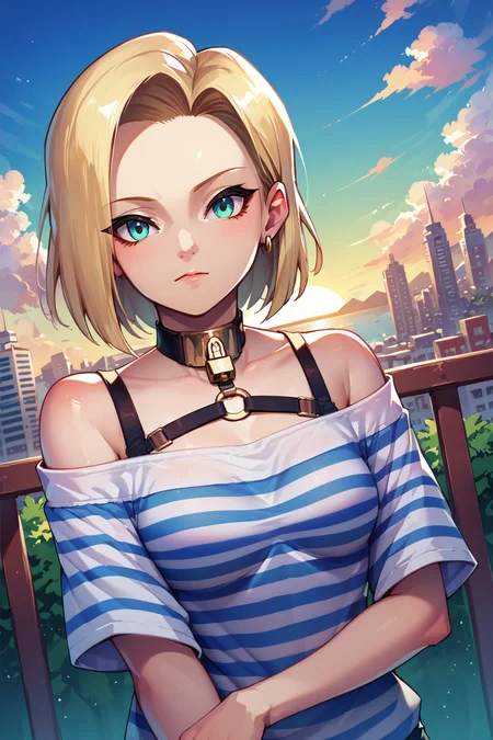dutch angle, upper body, Android 18, rating_safe, score_9, score_8_up, score_7_up, score_6_up, source_anime, 1girl, hbhch4st, striped shirt, off shoulder, padlock, outdoors, sunset, cloud, city,
<lora:hbch4st-pony:1>