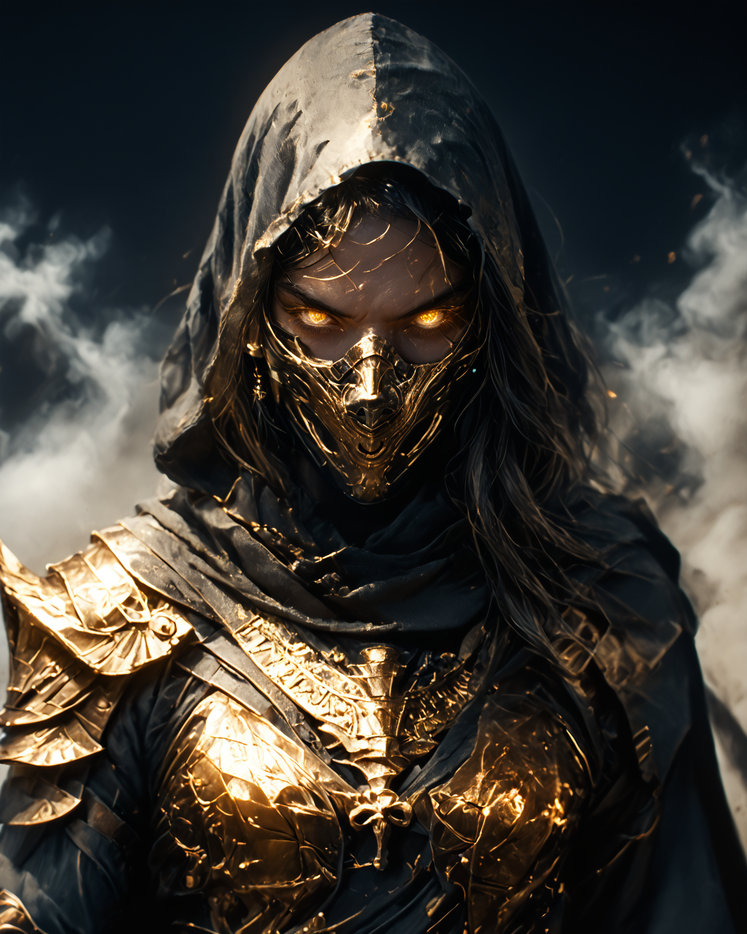 (score_9, score_8_up), score_7_up, Highly detailed RAW color Photo, glowing eyes, yellow eyes, glowing, Anubis as an anime character in a dynamic pose, female warrior, holding staff, 1arm up, shoulder armor, gauntlets, pauldrons, mask, dark, hood, full armor, looking at viewer, all black and gold armor, black cloak, occult, dark theme, black and gold theme, black background, simple background, gold and black armor, gold, gold jewelry, dark, gorgeous details, depth perception, backlighting, photorealistic, shiny metallic texture, perfectly rendered reflections, dark lighting, dof, depth of field, realistic, dark background, CINE, embers, low-key, hkwarrior, cinematic, cinematic color grading, light leak
 <lora:CINE:1> <lora:masky:1> <lora:PonyFantasyWarriorsEgypt:1>