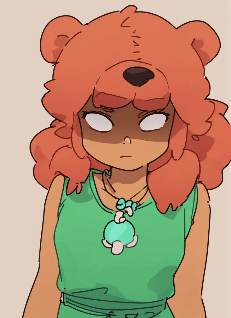 score_9, score_8_up, score_7_up, <lora:bsnita-000006:0.9>bsnita, dark-skinned female, , 1 girl , solo , red hair ,necklace, green dress ,bear ears ,,simple background, white pupils, shaded face,bear girl, brown pants, by s1120411 <lora:Yagi_the_Goat_Style:1>