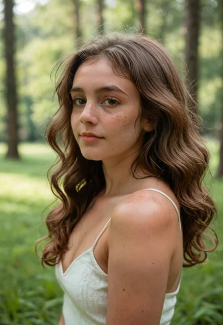 Portrait of a 30 yo woman with long wavy brown hair, natural skin with visible pores and slight imperfections, matte texture, subtle freckles, soft and diffused natural lighting, wearing a white spaghetti strap top, blurred park background with green grass and trees, professional photographic style, realistic details, natural tones, no glossy finish, 8k resolution