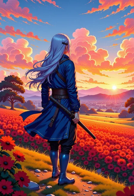 , high quality, high definition, high resolution, 4k, shaders, better lighting, better quality, GHIBSKY style, man with long light blue hair, mid-height with blue knee-high boots and black pants that fold at the boots, wearing a blue coat and a garment around his neck, looking towards the horizon with a katana at hip height, the landscape would be full of red lycoris flowers stretching towards the horizon, with a sunset at golden hour where some rays of sunlight would mark the shape of the subject, his hair would be lifted by the wind.