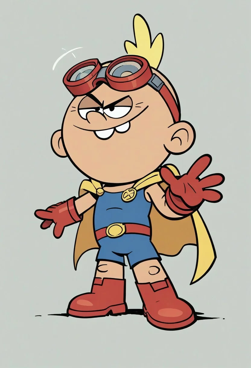 (score_9 | score_8_up | score_7_up) ((masterpiece:1))(best quality,very high quality,ultra detailed:1.2) (2D,cartoon style,anime style)(Smooth:2)(clean blurring) (four fingers on each hand,one thumb on each hand:1), Leon Loud, solo, 1boy, light Blonde hair, two strands of light Blonde hair, teeth, full body, red blue and yellow super hero costume, blue super hero costume, super hero, red goggles, two side winged headpiece, yellow cape, thick red boots, red glove, 'A' Logo in the middle