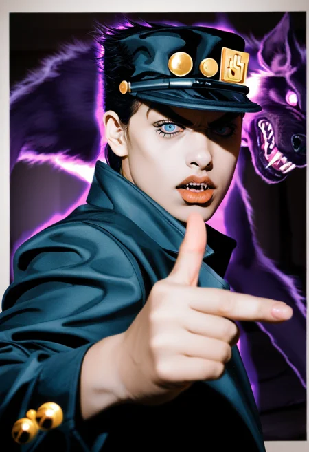 DSLR,film photography,(realistic,photorealistic:1.2),cosplay photo,Polaroid,studio lighting,flash photography,masterpiece, best quality, very aesthetic, absurdres,night, werewolf, stand \(jojo\), jojo pose, hat, aura, glowing, power-up, angry, foreshortening, zoom layer, jacket, pointing at viewer, from side,<lora:noobReal-V1:0.9>, <lora:spo_sdxl_10ep_4k-data_lora_webui:0.9>, <lora:sdsFILM_v40-sdxl-V1:0.7>,