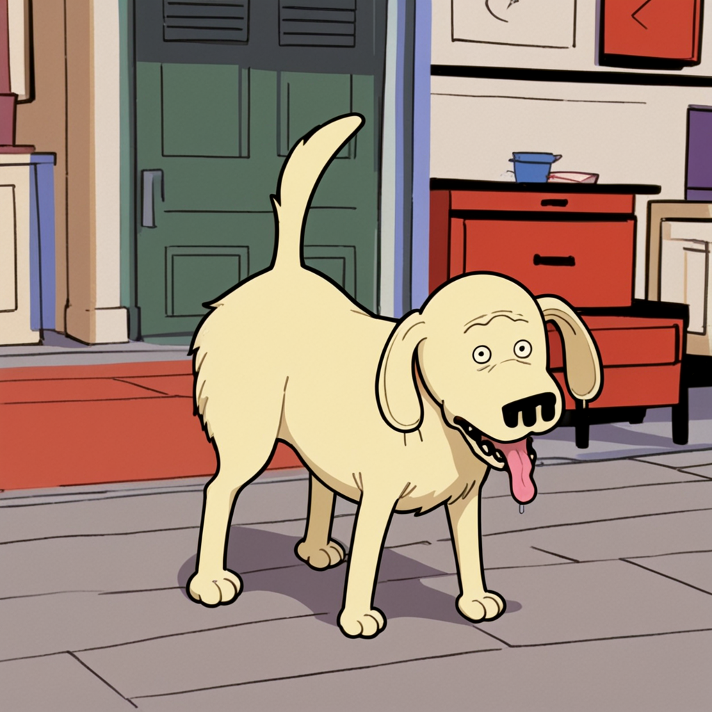 <lora:Stogie_Mission_Hilll:1.4>mh_stogie, yellow_dog, unibrow, bags_under_eyes, tail, tongue, looking at viewer, full_body,, source_cartoon, score_9, score_8_up, score_7_up,
