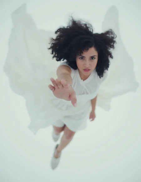 women falling down, hand in the air facing the viewer, black curly hair, white dress flowing in the wind, cinematic, majestic, blank background, <lora:CinematicStyleFlux_v1:1> <lora:FLUX.1d_-_Blurry_Photos:1> blurfoto , top view,