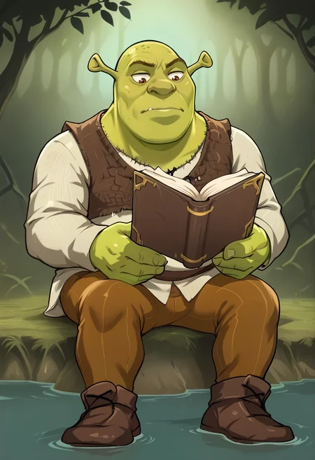 score_9, score_7_up BREAK 1boy,male focus,shrek, green skin,swamp,sitting,reading book <lora:bayeuxman_pd:1> <lora:Shrek_XLPD:0.8>