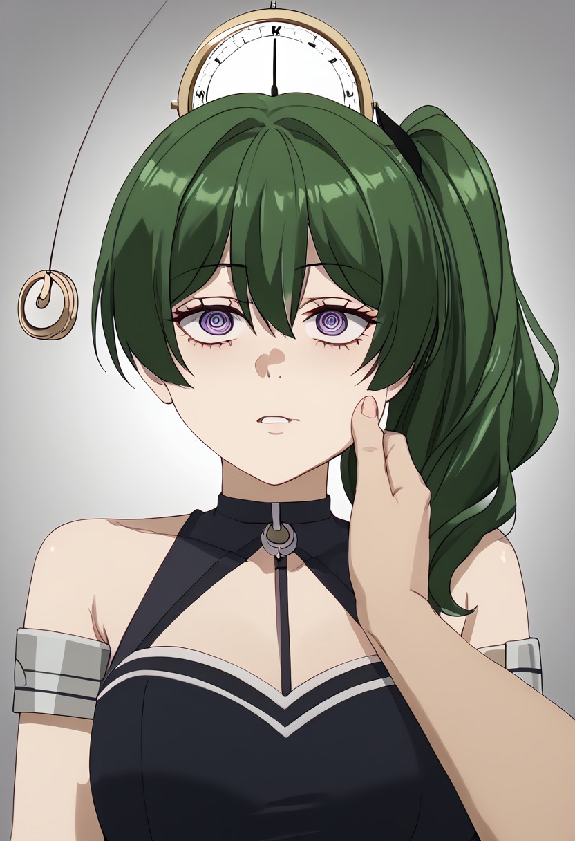 Ubel being hypnotized,
score_9, source anime, lewd, 1girl,
mind control, hypnotized, spiral eyes, blank stare, half lidded eyes, expressionless, slack jaw, (hypnotic pendulum in face), drooling,
cheek pinching, pov hands, (pov holding pendulum),
ubel, green hair, bangs, hair between eyes, side ponytail, purple eyes,