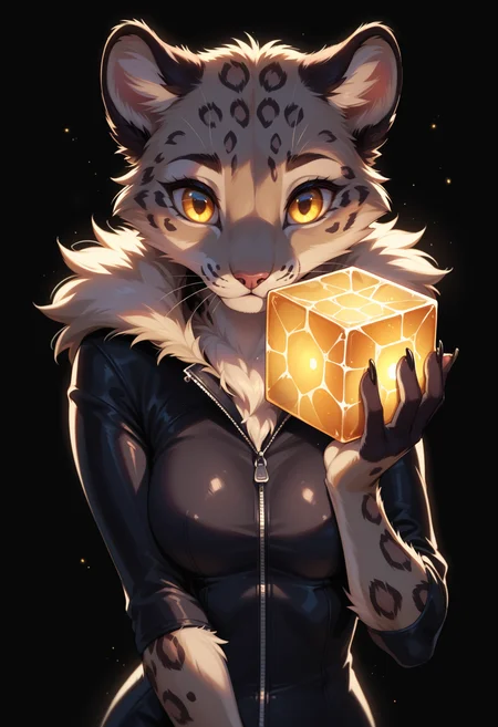 score_9, score_8_up, score_7_up,
source_furry, high quality, perfection, detailed, aesthetic, well-lighted,
1girl, solo, upper body,
black background, underlighting,
furry female, anthro, furred body, fluffy fur, beautiful girl, cute girl, adult, youthful, beautiful face, detailed face, perfect eyes, detailed eyes,
(snow_leopard girl), medium breasts, (no hair, hairless, bald), yellow eyes,
black bodysuit, large zipper,
(glowing glass cube:1.2), (very large cube:1.2),
posing,