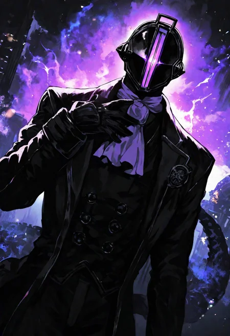 score_9, score_8_up, solo , 
 (bondrewd) ,\(made in abyss) , 1boy , ascot , black coat , black gloves , black suit , coat , cowboy shot , faceless , faceless male , formal clothes,  gloves 1,helm , helmet , long sleeves , looking to the side , male focus , standing ,suit 
monochrome , purple light , tail , hand up ,  glowing ,
newest, year 2024, very aesthetic, masterpiece, best quality, highres, newest, absurdres, cinematic lighting,ray tracing,dynamic angle,depth of field,high contrast,colorful,detailed light,light leaks,beautiful detailed glow,best shadow,shiny,intricate details,hyperdetailed,very aesthetic,iridescent
[artist: shimhaq ] , [artist:yourfreakyneighbourh ] , [artist:satsuya] [artist:oreki_genya] [artist:wendys008]
