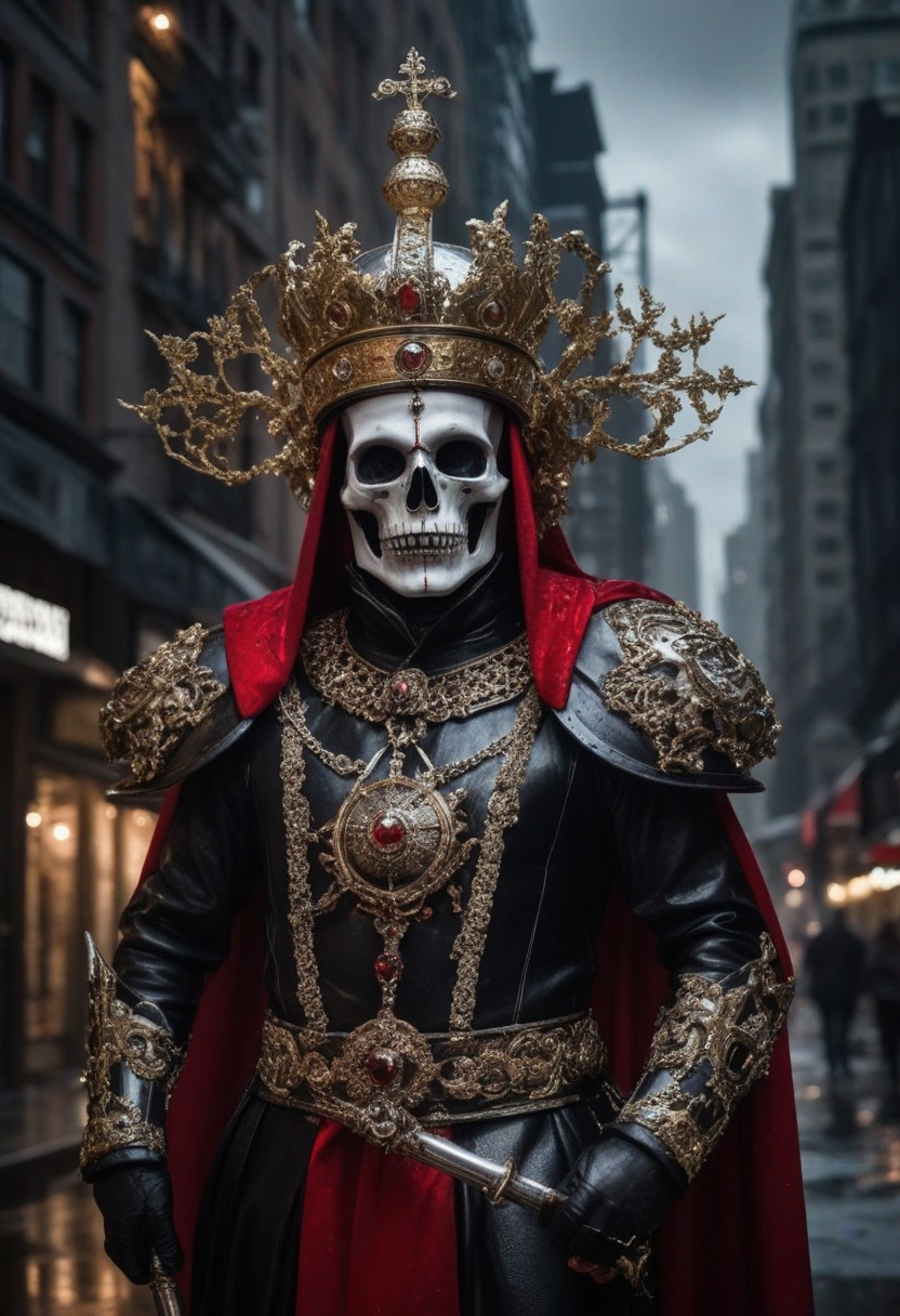 , 16k, raw, (ultra high picture quality), (intricate details), (strong fisheye lens photo/ intense fisheye view photo), ((bottom lit/)/(underlighting)), full body,  large view, ((dynamic photograph of a giant macabre riveted chrome and gold mechanical deity ) (tall jewelled mitre crown) (black and red smock), (holding a long (was-sceptre) stylized sceptre of power with an animal head at the top), ( is destroying the city)), (outside late at night during an electrical storm),
[horror , (double exposures), (low opacity overlays), nighttime, outdoor, realisticvision-negative-embedding, ]