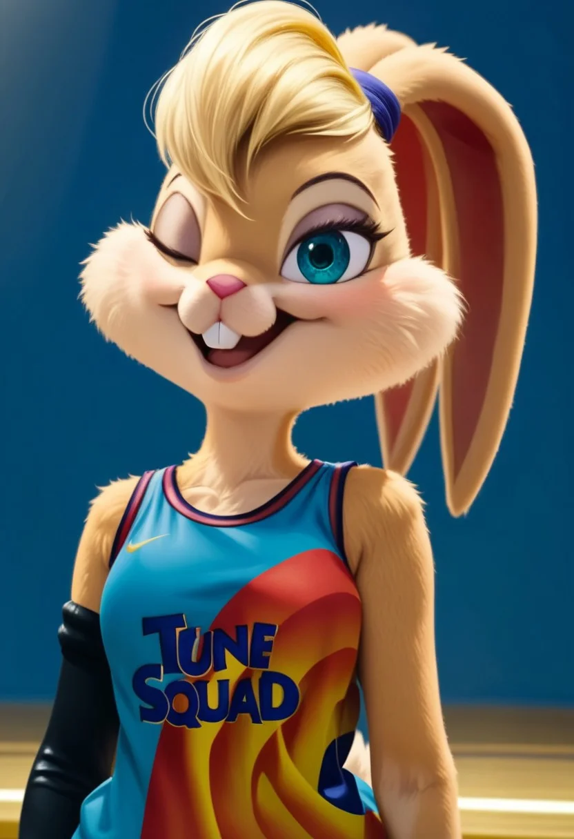 score_9, score_8_up, score_7_up, Expressiveh, masterpiece, best quality, highly detailed, realistic, 1girl, solo, (LBSJ2, furry, anthro, lagomorph, bunny, blonde hair, short hair, ears ties back, aqua eyes, black eyebrows, thin eyebrows, pink nose, orange body, orange fur, tan body, tan fur, two tone body, two tone fur, buckteeth, clothed, blue topwear, basketball jersey, black armwear, blue short shorts, blue bottomwear), upper body, close-up, blue background, simple background, open mouth, smile, tongue, purple hair tie, looking at viewer, standing, hands behind back, one eye closed, (ultra realistic, 32k, masterpiece:1.2), (high detailed skin:1.1), (high quality:1.1), bokeh, luminescent background,