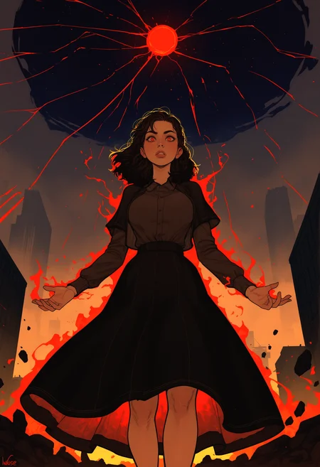 masterpiece, amazing quality, night, INCASE Style, realistic, Enchanting Eyes, 1girl, Jesse Faden (Control), eerie office, floating debris, red glow from The Hiss, outstretched hand using telekinesis, intense stare, dramatic low-angle shot, lighting,