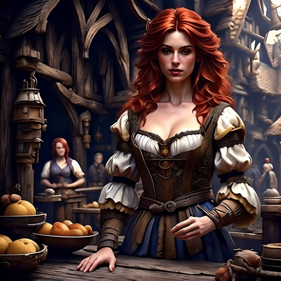 RAW photo, (masterpiece:1.3), subsurface scattering, heavy shadow, (high quality:1.4), (intricate, high detail:1.2), professional photography, HDR, High Dynamic Range, realistic, ultra realistic, photorealistic, high resolution, film photography, ambient lighting, atmospheric effects, <lora:detail_slider_v4:2>, OverallDetail, a fantasy medieval tavern wench, <lora:Wench:1>, red hair, <lora:FantasyMarket:0.7>, fanmar, browsing the market stalls in a medieaval fantasy market place, epiCPhoto