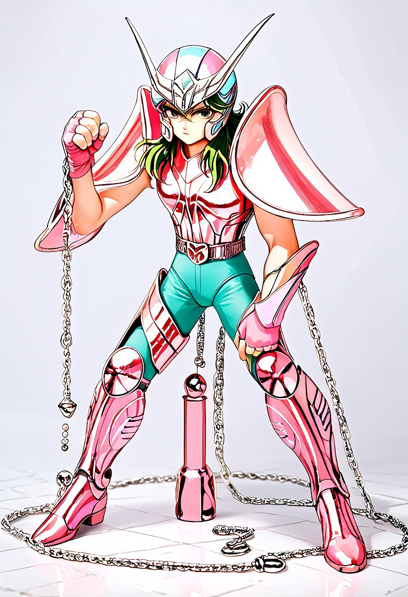 score_9, score_8_up, score_7_up, score_6_up, score_5_up, score_4_up, source_anime, full body view, 1boy, andromeda shun, anshun, slim, pink sleeveless armor, long wavy green hair, pink helmet with two prongs and silver accents, pink vambraces, large pink pauldrons, fingerless pink gloves, pink thighhigh greaves, green pants, pink boots, stylized belt buckle with silver and pink accents, 80's, retro aesthetic, action pose, hand up, (shiny:2),