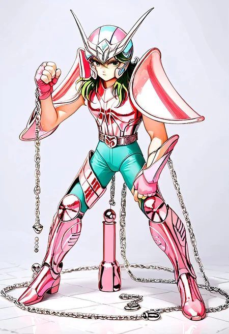 score_9, score_8_up, score_7_up, score_6_up, score_5_up, score_4_up, source_anime, full body view, 1boy, andromeda shun, anshun, slim, pink sleeveless armor, long wavy green hair, pink helmet with two prongs and silver accents, pink vambraces, large pink pauldrons, fingerless pink gloves, pink thighhigh greaves, green pants, pink boots, stylized belt buckle with silver and pink accents, 80's, retro aesthetic, action pose, hand up, (shiny:2),