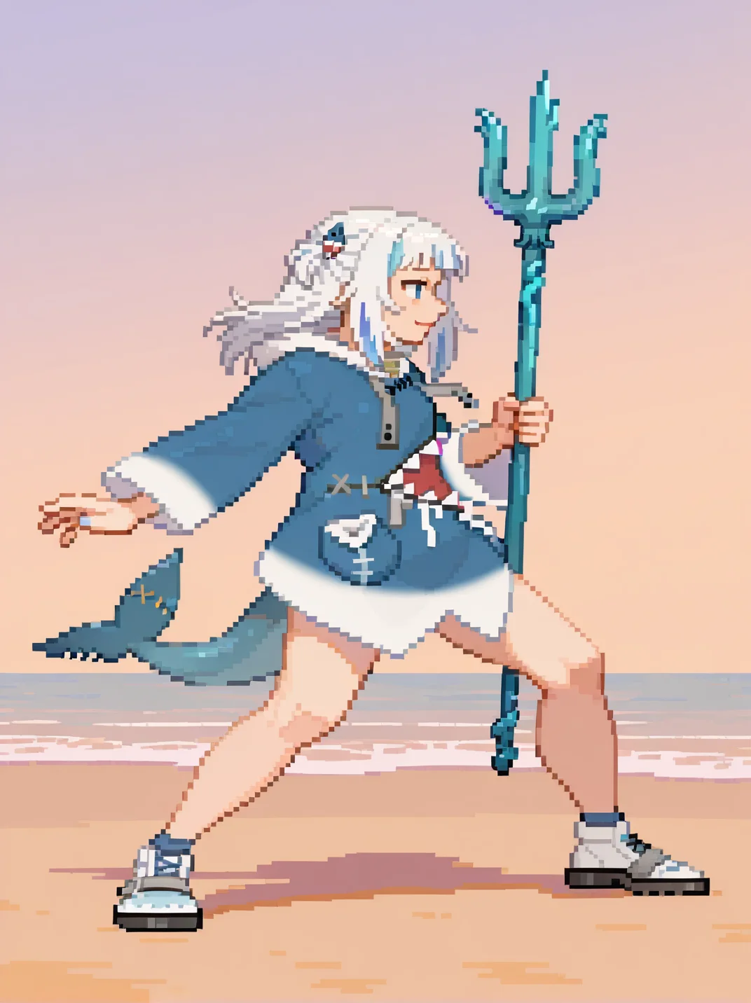 1girl, (gawr gura:1), holding trident, light smile,
from side, (fighting stance:1.1), from side, open legs, detailed background, beach, dynamic pose, full body, portrait, dynamic pose,
<lora:ASF3_style:1>,, SF3XL,