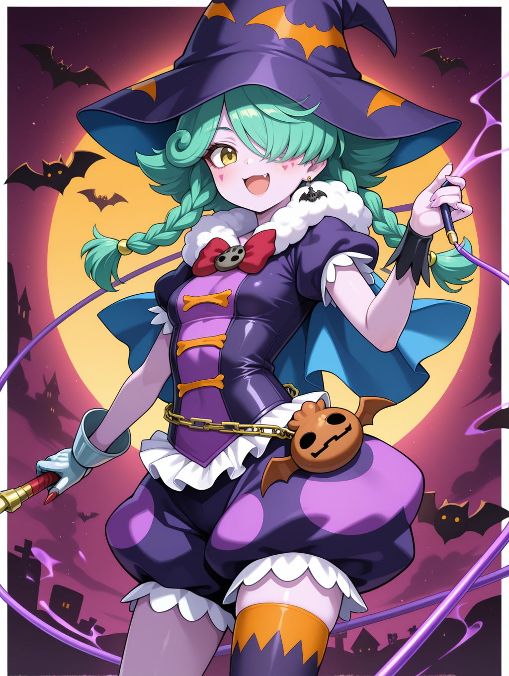 abyss actor - leading lady, 1girl, hair over one eye, solo, smile, fang, open mouth, whip, facial mark, bat \(animal\), :d, looking at viewer, bat bag, purple skin, holding whip, skull hair ornament, purple witch hat, red bow, purple dress, purple bloomers, single glove, single legwear, single wrist cuff, bat earrings, white border, blue cape,
masterpiece,best quality,amazing quality,very aesthetic,absurdres,newest,<lora:Abyss Actor - Leading Lady illusXL v1.2:0.72>,