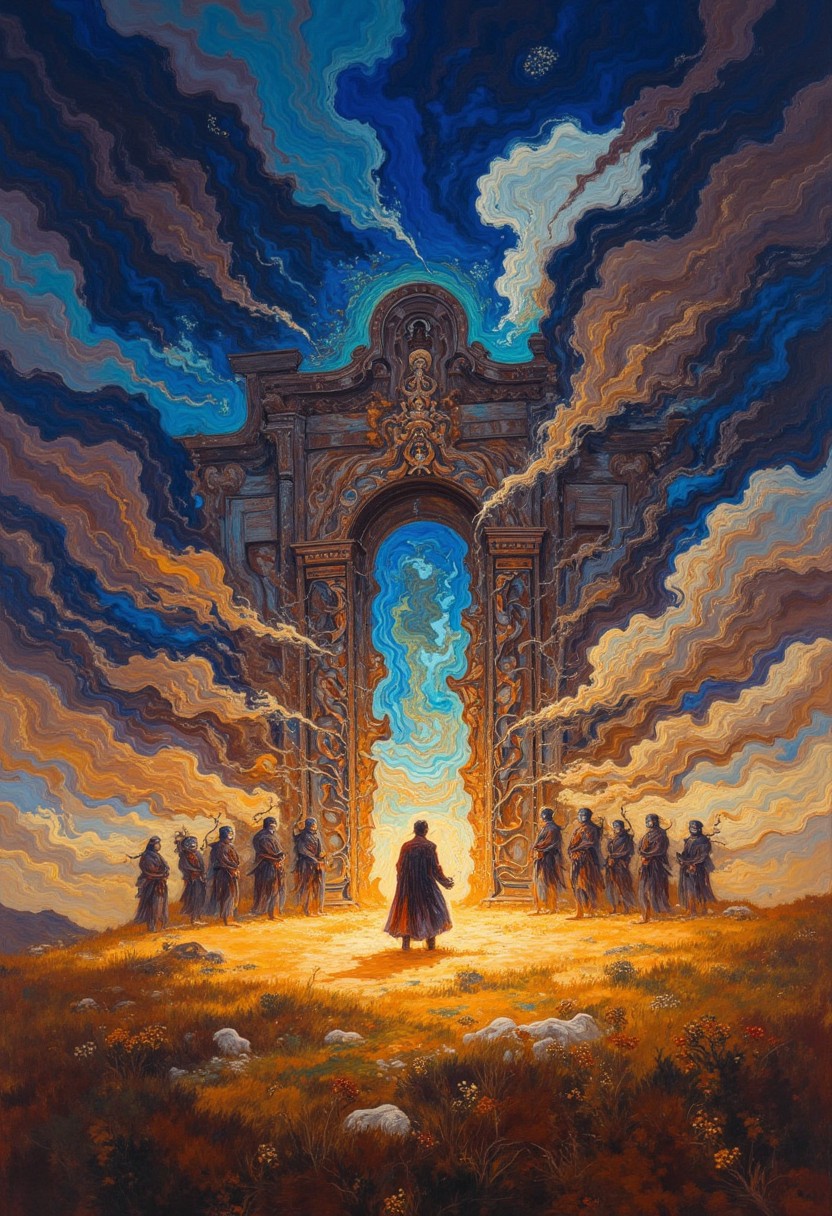oil painting of 
A vast, open field under a sky filled with swirling, colorful clouds. In the distance, a large, ancient stone circle stands, each stone covered in glowing, intricate carvings. Figures in long, flowing robes and ornate masks gather around the circle, their voices rising in a haunting, melodic chant., 
, visible brushstrokes, atmospheric haze, low key, moody lighting,watercolors,DB4RZ, DB4RZ style painting