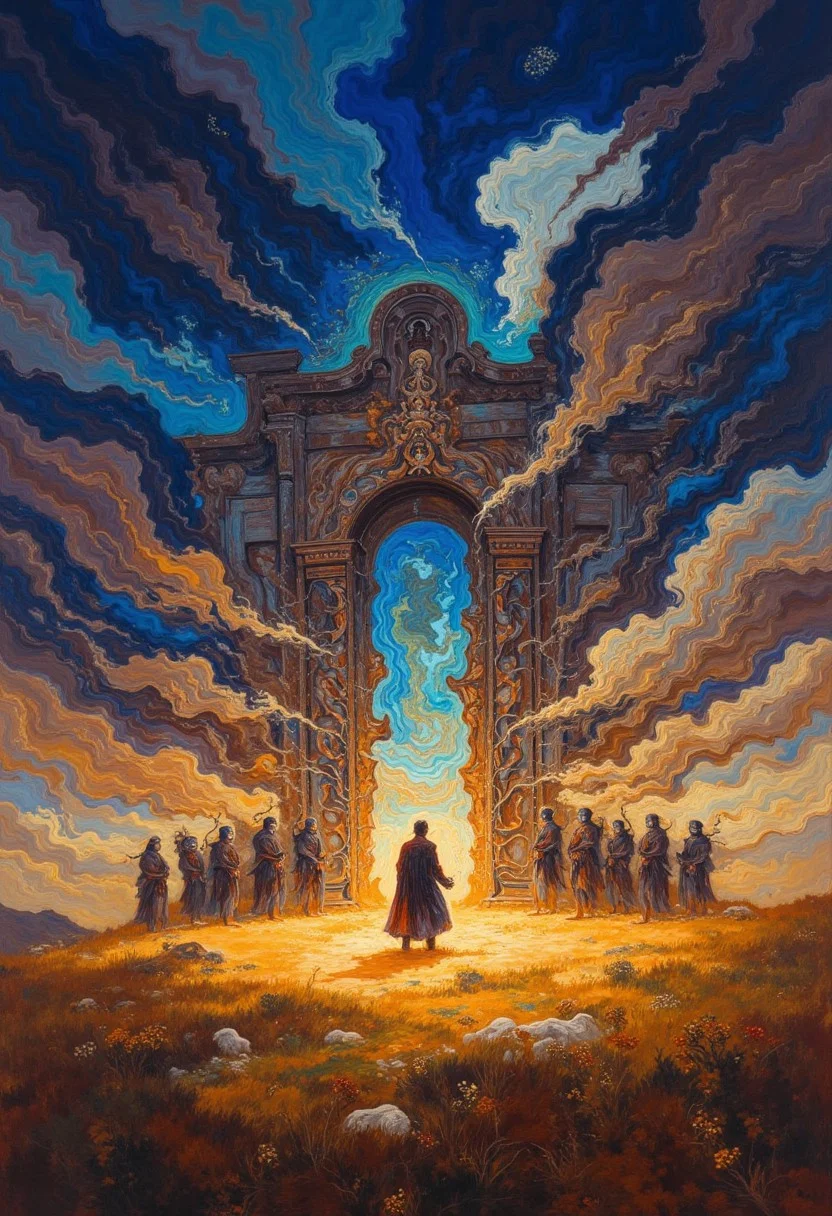 oil painting of
A vast, open field under a sky filled with swirling, colorful clouds. In the distance, a large, ancient stone circle stands, each stone covered in glowing, intricate carvings. Figures in long, flowing robes and ornate masks gather around the circle, their voices rising in a haunting, melodic chant.,
, visible brushstrokes, atmospheric haze, low key, moody lighting,watercolors,DB4RZ, DB4RZ style painting
