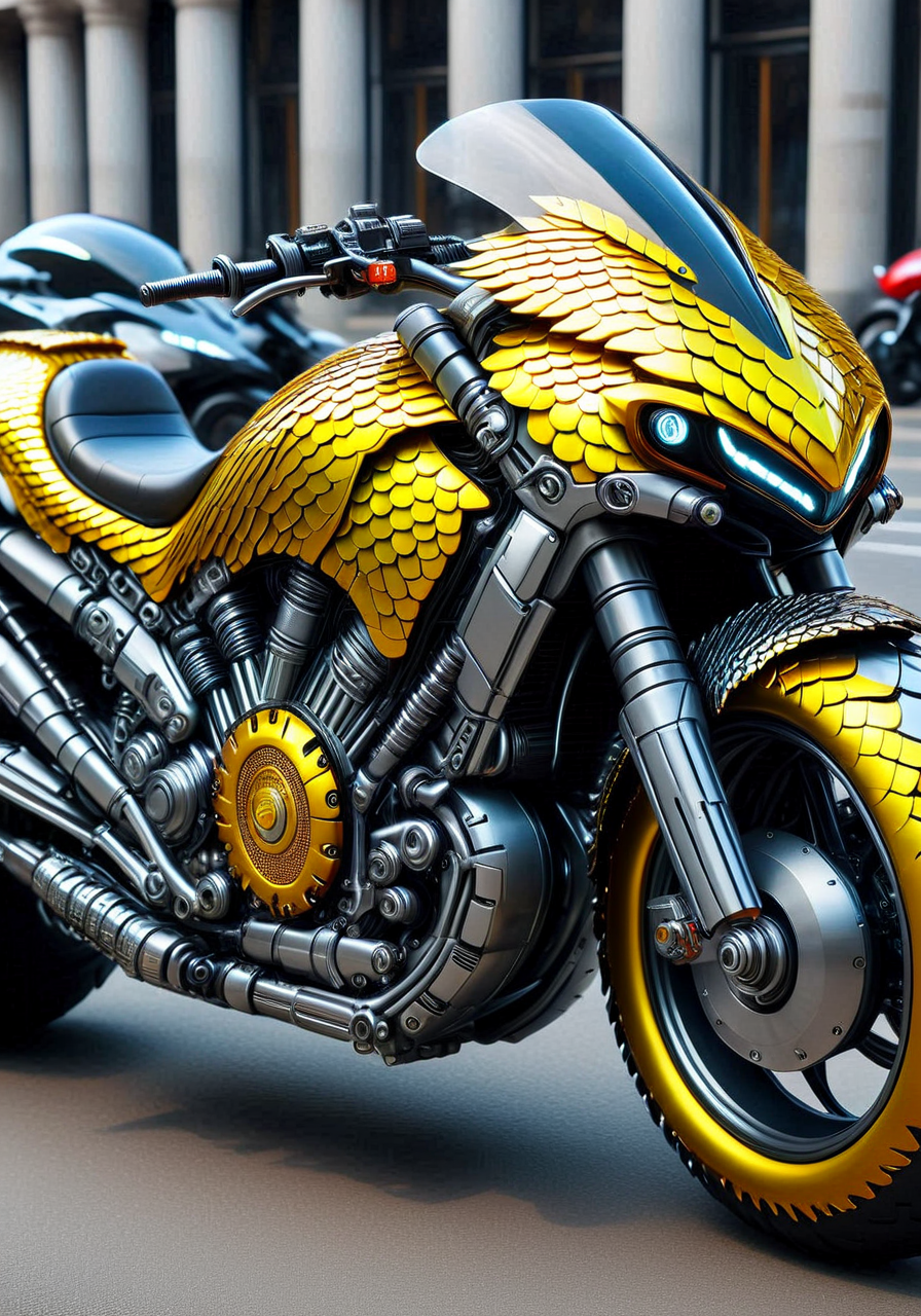 a cyberpunk motorcycle, yellow scales, scaleboundsdxl, <lora:scaleboundsdxl:1>, best quality, masterpiece, intricate, akira anime,