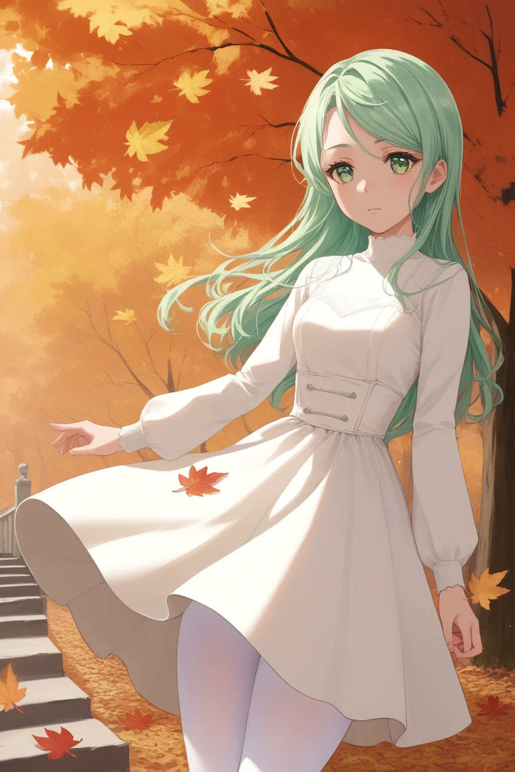 score_9,score_8_up,score_7_up,score_6_up,source_anime,
<lora:Sayo_v1:1>,sayo,(Hikawa Sayo:1.1),Green eyes,Light green hair,long hair,1girl,incredibly absurdres,(waterpark:1.2),autumn leaves,in autumn,
White dress,white_pantyhose,