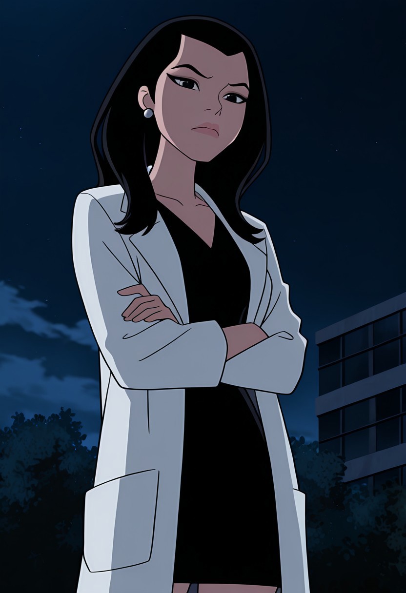 masterpiece, best quality, amazing quality, very aesthetic, absurdres, newest,, ((parody,  cartoon, screencap))
elenaten, 1girl, black hair, black eyes, long hair, lips,earrings, makeup, v-neck , black dress, long sleeves
black dress, white lab coat, dark background, holding blue dust, night, crossed arms, from below