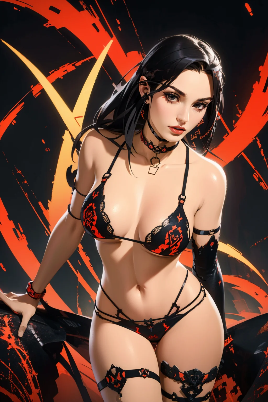 masterpiece, best quality, high quality, <lora:detail_slider_v4:2> <lora:age_slider_v2:3> <lora:techk1ttyred:0.9> techk1tty, bikini, red and black bikini, red and black theme, plastic, lingerie, tech wear, choker, bra, panties, garterbelt, thigh strap, belt, collar, black bikini,