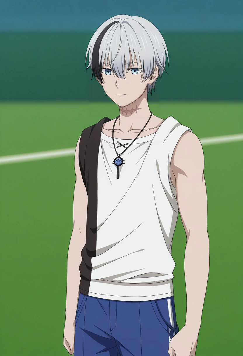 masterpiece, best quality, anime screencap, official style, anime coloring, cowboy shot, 1boy, solo, male focus, <lora:polka_shinoyama_ilxl:0.92>, polka_shinoyama, grey hair, blue eyes, two-tone hair, multicolored hair, black hair, short hair, hair between eyes, streaked hair, bangs, scar, white shirt, sleeveless, necklace, , Convertible pants, Rugby shirt, , ,