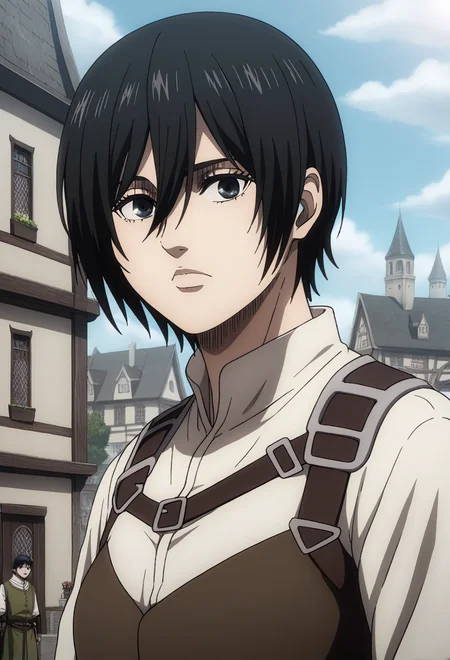 score_9, score_8_up, score_7_up,1girl,source_anime,mikasaPNY ,black hair,short hair,hair between eyes,bangs,detailed face,masterpiece,best quality, in the air,medieval city, <lora:mikasaPNY (2):1>