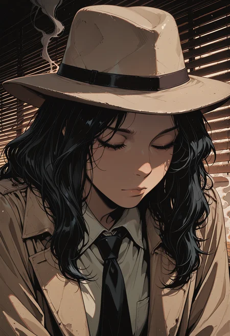 embedding:IllusP0s, codex sss chroma
1girl, solo, close-up, looking_down, closed_eyes, shadows, hat, fedora, trench_coat, tie, shirt, long_hair, black_hair, wavy_hair, smoke, window_blinds
