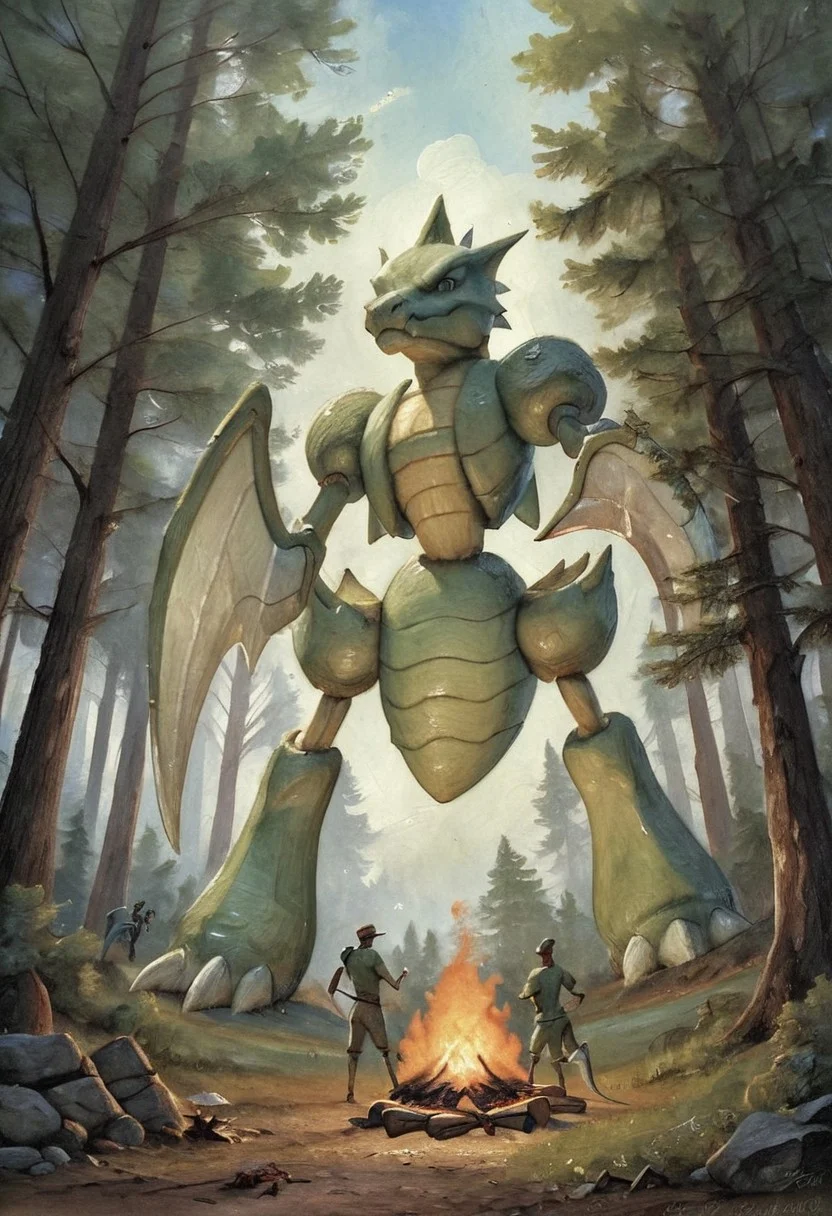 score_9, score_8, score_7, forest, low-angle_view, (Scyther, (giantess), male, slim), campfire, dark theme, low light, oil painting, traditional media, realistic, best_quality