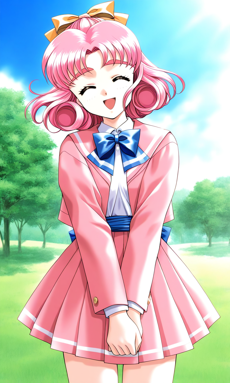 general,highres, ultra-detailed,very aesthetic,best quality ,best hands, BREAK <lora:Minagawa_Nana_kakyuusei_Ver2.0_IS:1>
Minagawa_Nana(kakyuusei), 1girl, solo, pink hair, short hair, hair bow, ribbon, closed eyes, curly hair, 
open mouth,
school uniform, long sleeves, bangs, pink skirt, pink jacket, pleated skirt, blue bow, white shirt, blue sash,
smile, v arms, cowboy_Shot, open jacket,
grass, tree, sky, day,