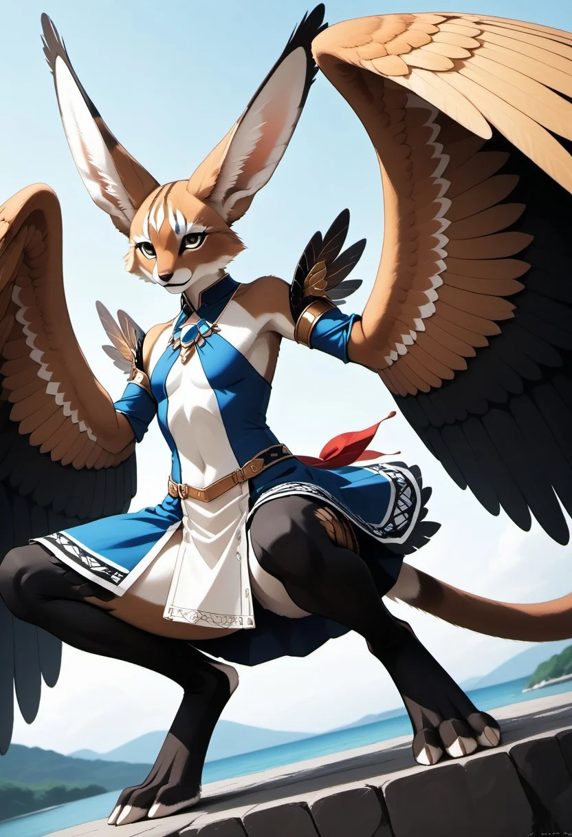 1person, Palagiri, anthro, feline features, feline nose, large ears, ((winged arms)), large wings, handfeet, digitigrade legs, long tail, tapering tail, feather-tipped tail,
Dutch angle,
Source: anime, score: 9, score: 8up,