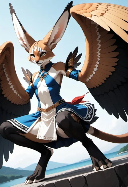 1person, Palagiri, anthro, feline features, feline nose, large ears, ((winged arms)), large wings, handfeet, digitigrade legs, long tail, tapering tail, feather-tipped tail,
Dutch angle,
Source: anime, score: 9, score: 8up,