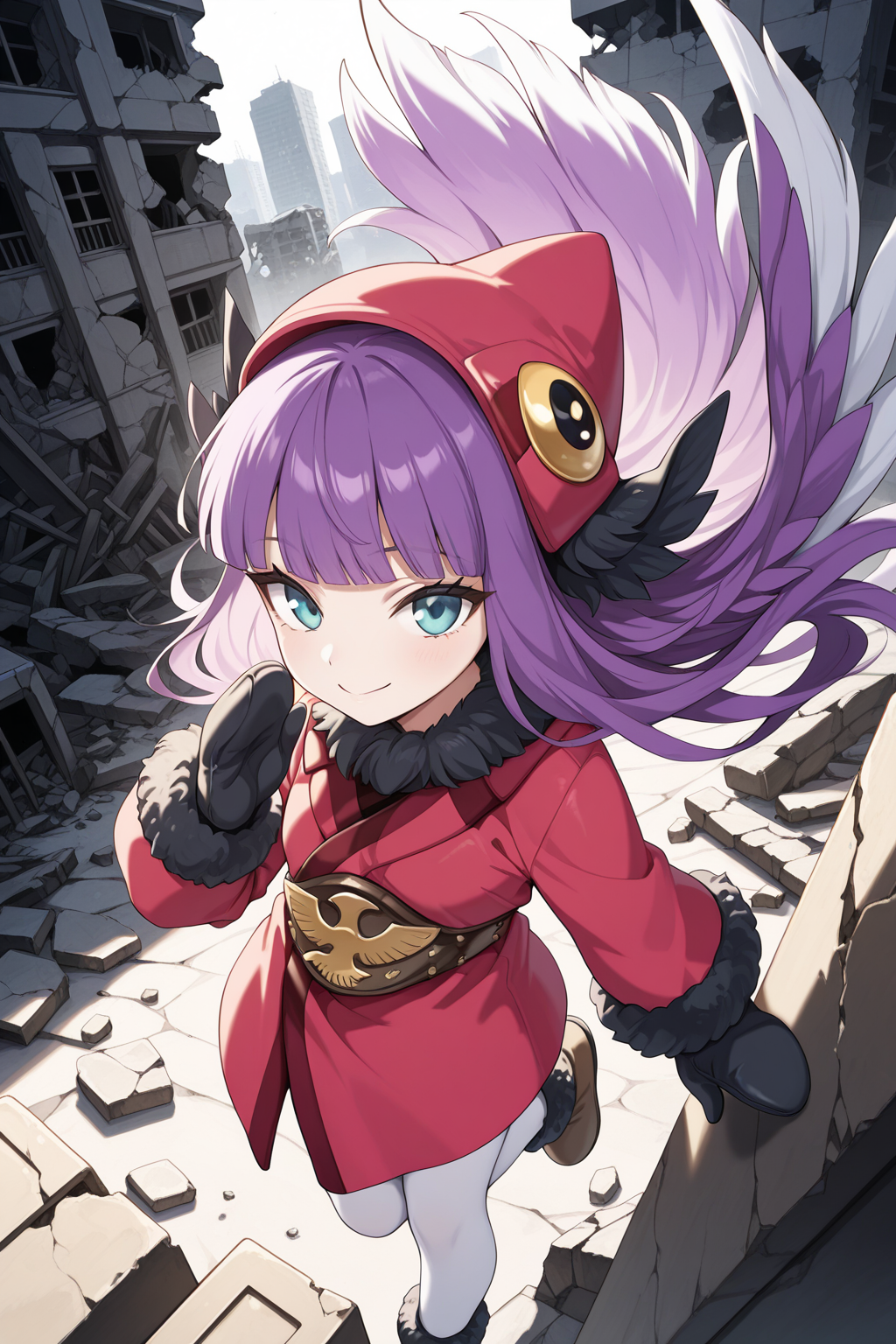 1girl,
MuushuWuuShinMegamiTensei,
safe, solo, dynamic angle, from above,
long hair, hair wings, purple hair, multicolored hair,
white hair,
hat, fur trim, earmuffs, blunt bangs,
long sleeves, mittens, black gloves, coat, white pantyhose,
flying, looking at viewer, light smile,
ruins, building, wide shot,
<lora:kp_MuushuWuuShinMegamiTenseiIllustrious_v1_0:1.0>,
masterpiece, best quality, amazing quality
