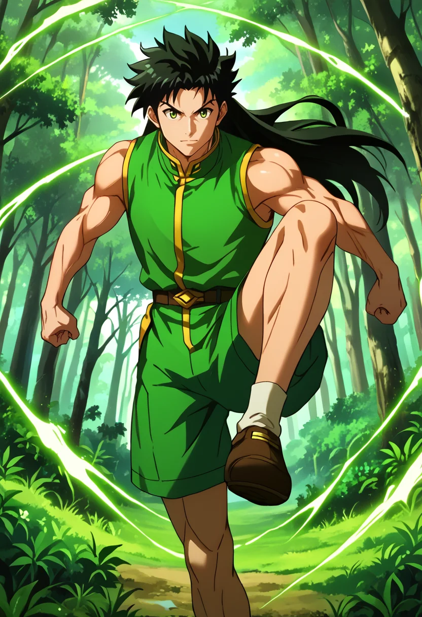 source_anime, (masterpiece), (best quality), score_9, score_8_up, score_7_up, (masterpiece:1.2), (best quality:1.3), <lora:Gon_Freecs:0.655> gonfreecs, 1boy, adult, long hair, black hair, muscular, green vest, <lora:muay_thai_kick:0.55> leg kick fighting stance,, masterful composition, dynamic movement <lora:Anime Style (Vauxz) PONY:0.8>, <lora:StS_Skin_Tone_Slider_v5:2.78> <lora:age_slider_v4:2.25> <lora:StS-Breast-Enlarger-Slider-PonyXL-v0.8:0.45>, low-key lighting, lo-fi, glow, dynamic cinematic lighting, ray_tracing, global illumination, <lora:Ayuli2424PDXL32v0.901tx1:0.55> a0b, in The Spectral Forest background