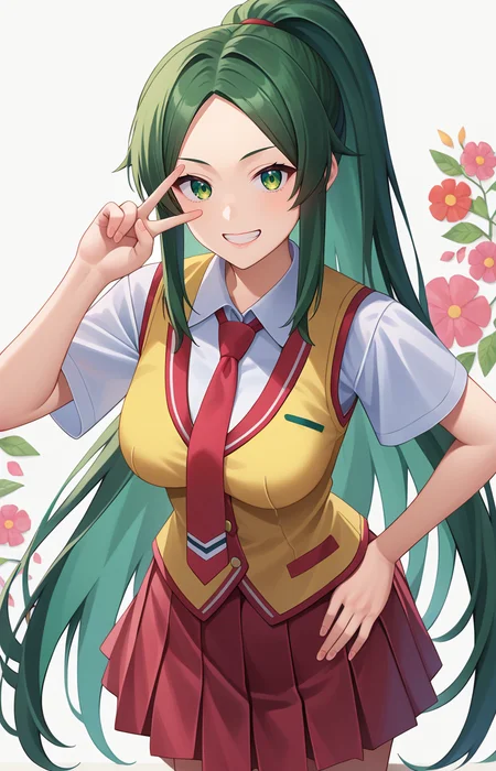 <lora:v_over_head_XL_v1_wasabiya:1>,score_7_up,anime,v over eye,green hair,1girl,short sleeves,leaning forward,looking at viewer,high ponytail,pleated skirt,medium breasts,very long hair,collared shirt,green eyes,white background,red necktie,yellow vest,wing collar,open vest,pink skirt,red skirt,parted bangs,shiny hair,white shirt,large breasts,teeth,hand up,grin,floral background,solo,upper body,hand on hip, sonozaki mion,