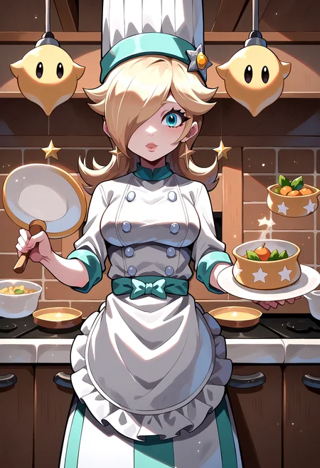 score_9, score_8_up, score_7_up, source_anime, 1girl, RslnChef, hair over one eye, chef hat, apron, dress, <lora:Rosalina_XLPD:1>, looking at viewer,