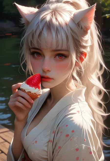 ASCII, photorealistic, OLED, score_9, score_8_up, score_7_up, score_6_up, 1girl, 30yo, red eyes, soft freckles, tanned skin, white hair, ponytail, strands of hair falling over the face, long hair, hime cut, cat ears, ((close up, standing)), medium breasts, curvy body, wide hips, jetty on the water, wooden floor, night, star sky , eating a strawberry,<lora:SnowFoxeij-000006:0.7>, looking to viewer, cute face, (wearing a kimono dress), cat tail