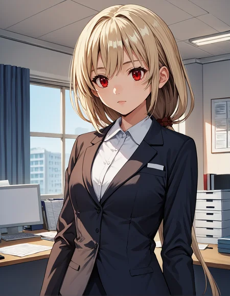 score_9, score_8_up, source_anime, 1girl, upper body, medium shot, detailed, mgrcirinakushu, blonde hair, low ponytail, red eyes, office suit, indoors, <lora:mgrcirinakushu_XL:1>