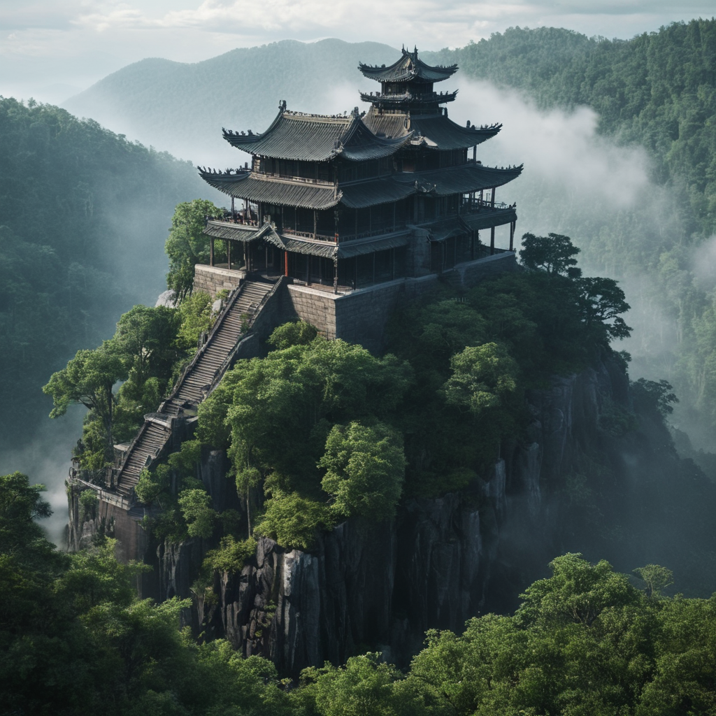 professional 3d model of  <lora:LoDe+Ro style:1>
a small building on top of a mountain,outdoors,sky,day,cloud,water,blurry,tree,no humans,depth of field,scenery,mountain,architecture,east asian architecture,castle,waterfall,fog,LoDe+Robots Style,Love Death + Robots style,Love,Death & Robots style,animated,horror,dark,black,apocalyptic,dystopian,domination,high angle,from above,haze,forest , dramatic light, cyberpunk, LoDe+Ro style, octane render, highly detailed, volumetric, dramatic lighting