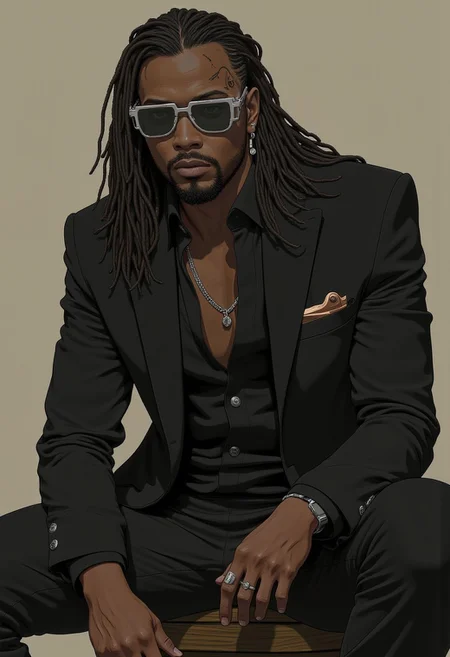 An (upper body portrait) of a 26 year old African american man. He has long black hair in dread locks.  He has silver square frame sunglasses on with dark lenses. He has a short beard. He has a black suit jacket with a with button up shirt underneath. He has a simple silver chain. He has black dress pants and brown shoes. 
(There is a scar over his left eye)