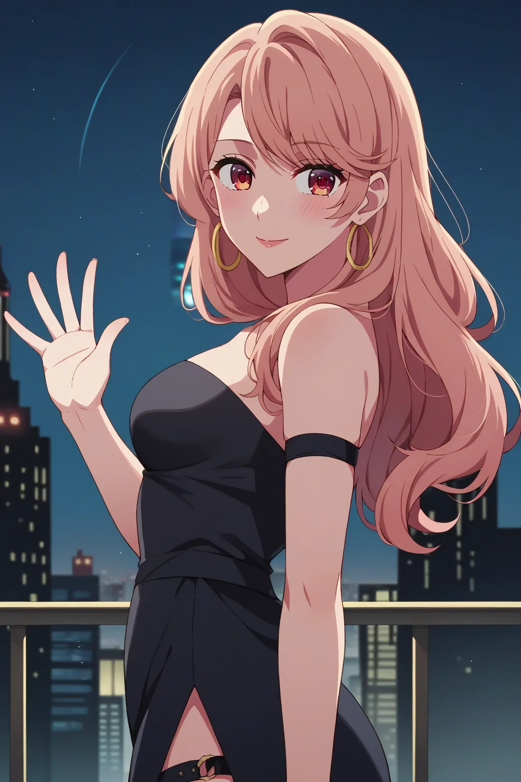 score_9, score_8_up, score_7_up, source_anime, 1girl, prefect lighting, very aesthetic, intricate details, highly detailed background, masterpiece, high quality, prefect hands, best quality, solo,
<lora:Miyako_Saitou_Oshi_No_Ko_V1:.85>, KJOmiyako, swept bangs, peach hair, red eyes, long hair,
black dress, strapless, bare shoulders, side slit, thigh strap, hoop earrings,
from side, looking back, waving, smile, head tilt, blush,
night, city, skyscraper,
(Beautiful, medium Breasts:1.2), natural breasts,