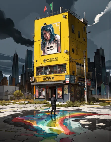 Art by Ismail Inceoglu. A digital illustration shoot from a far camera angle about a futuristic cityscape with a vibrant rainbow-colored puddle in the foreground, set against a dark, stormy sky. the scene is set in a post-apocalyptic wasteland, with tall buildings and skyscrapers in the background. the foreground features a large, yellow building with a large advertisement featuring a woman with long hair and a cat face, standing in the middle of the image. the woman appears to be looking directly at the viewer with a serious expression, wearing a white t-shirt with the text "POW individual armament" printed on it. to the right of the woman, a man is standing in a puddle of water, facing away from the viewer, with his back to the viewer. the man is wearing a black jacket and pants, and his face is partially obscured by the woman's hair. he is standing on the right side of the puddle, looking out over the cityscape, with a sense of distance to the city below. the sky is filled with dark, ominous clouds, adding to the ominous atmosphere of the scene.