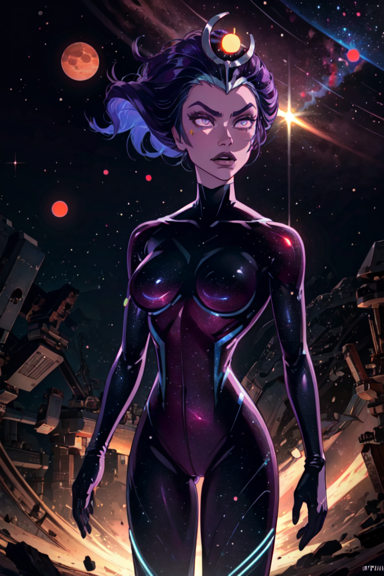 (Supernova:1.2), (bodysuit, gloves, purple skin), galaxy, space, stars, solar system, (realistic:1.2), (masterpiece:1.2), (full-body-shot:1),(Cowboy-shot:1.2), dark romantic lighting, (highly detailed:1.2), (detailed face:1.2), (gradients), colorful, detailed eyes, (natural lighting:1.2), solo, <lora:add_detail:0.3> <lora:BeautifulEyes:0.6> <lora:RickandMortySupernova-10:0.8>