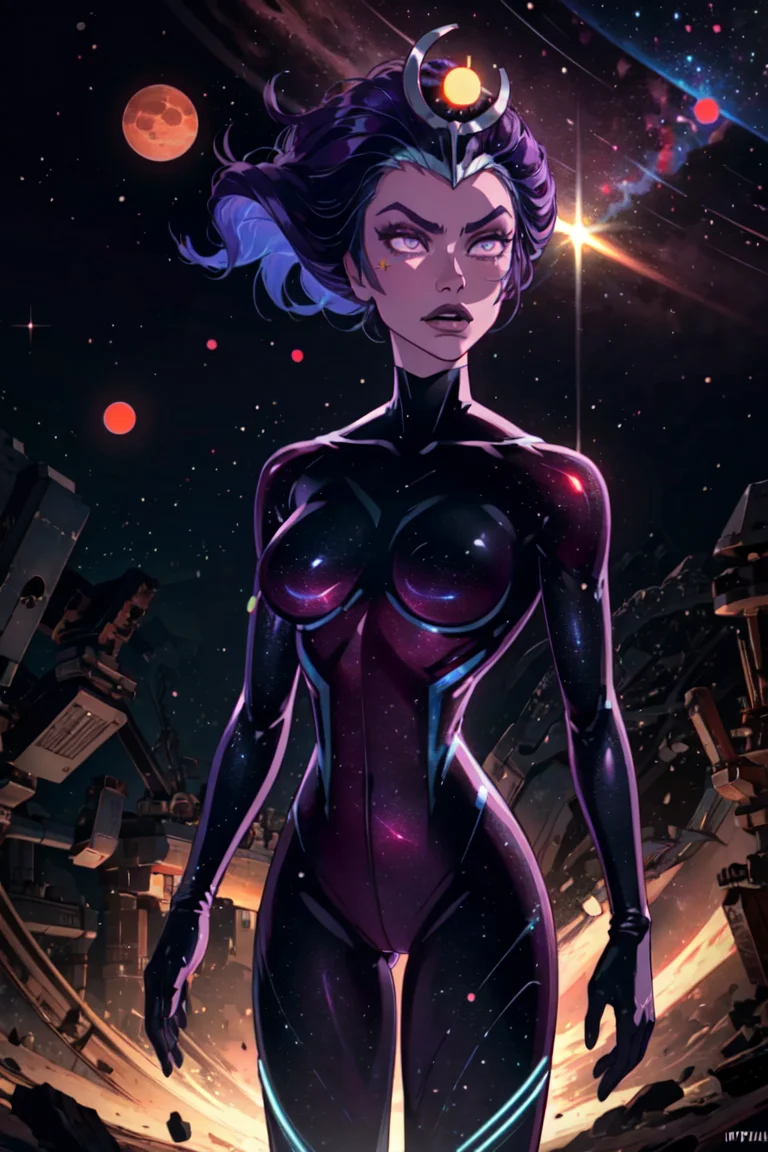 (Supernova:1.2), (bodysuit, gloves, purple skin), galaxy, space, stars, solar system, (realistic:1.2), (masterpiece:1.2), (full-body-shot:1),(Cowboy-shot:1.2), dark romantic lighting, (highly detailed:1.2), (detailed face:1.2), (gradients), colorful, detailed eyes, (natural lighting:1.2), solo, <lora:add_detail:0.3> <lora:BeautifulEyes:0.6> <lora:RickandMortySupernova-10:0.8>