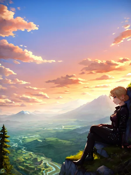 score_9, score_8_up, score_7_up, score_6_up, score_5_up, zPDXL2, max detail, 4k wallpaper, masterpiece, best quality, absurdres, highres, dynamic angle, dynamic pose, source_anime, FluffyLewdsStyle, (Greatm8Stkyle:0.5),
scenery,
mountain, outdoors, sky, day, landscape, nature, valley, blue sky, tree, oekaki, town, wooden buildings, 1girl, breasts, solo, blonde hair, sitting, leather jacket, leather pants, adventurer, cliff, cliffside, sitting on cliff edge, (armor:0.8),
<lora:SoftAnimeStyle:1> <lora:ThickOutline:0.2> <lora:aidma-Image Upgrader-v0.1:0.5>
